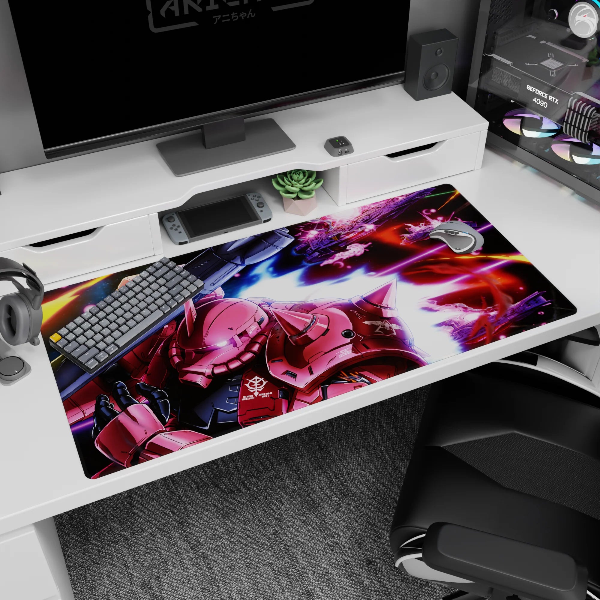 Char’s red Zaku II charging with bazooka in space on an anime desk pad 40x20 inches.