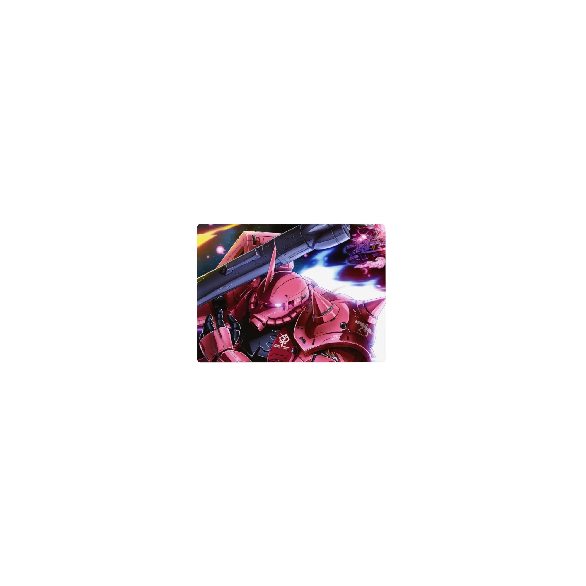 Classic anime mouse pad 14x10 inches with Char’s red Zaku II, Zeon insignia, and sharp armor panels.