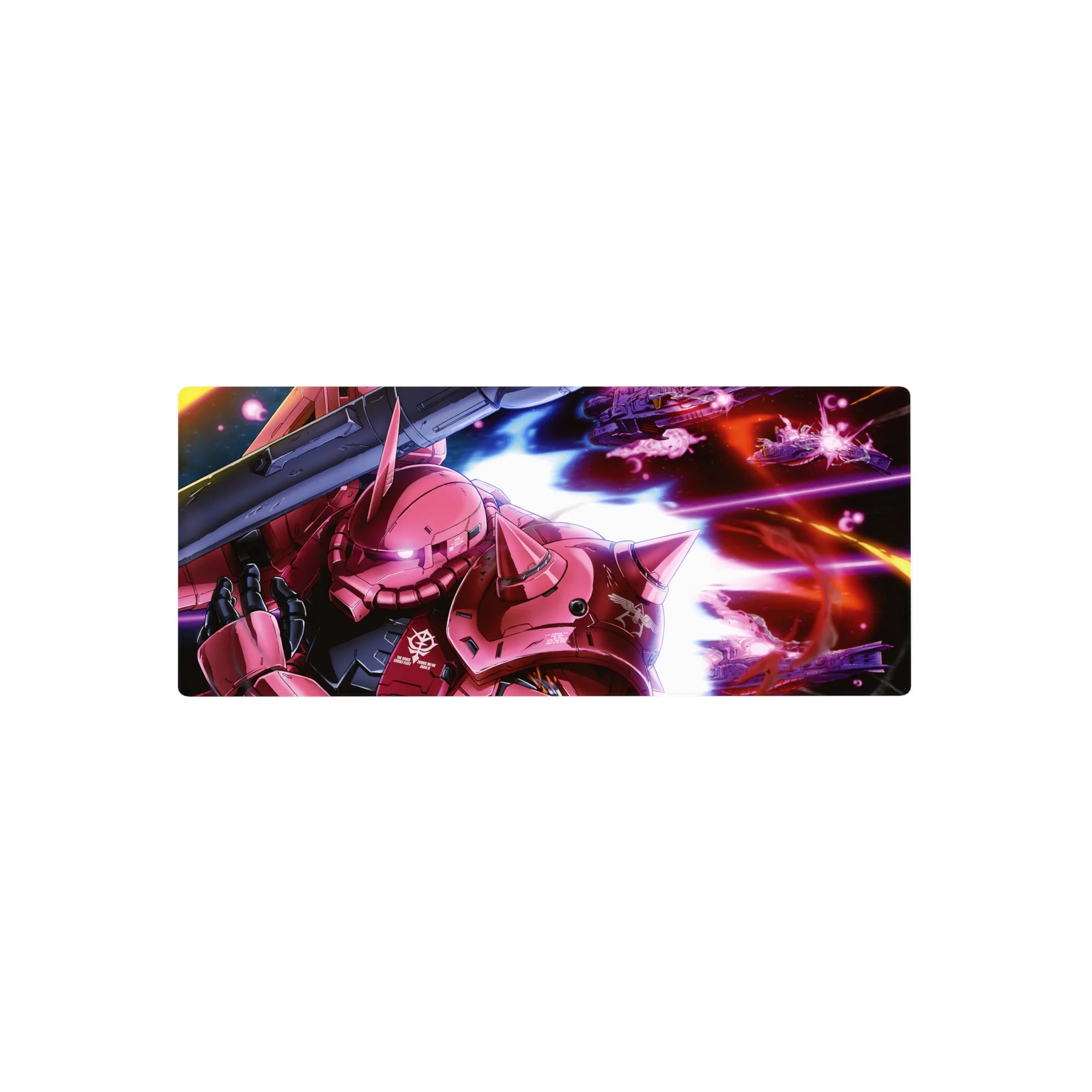 28x12 inches anime mouse pad with Char Aznable red Zaku II, Zeon insignia, sharp armor panels.