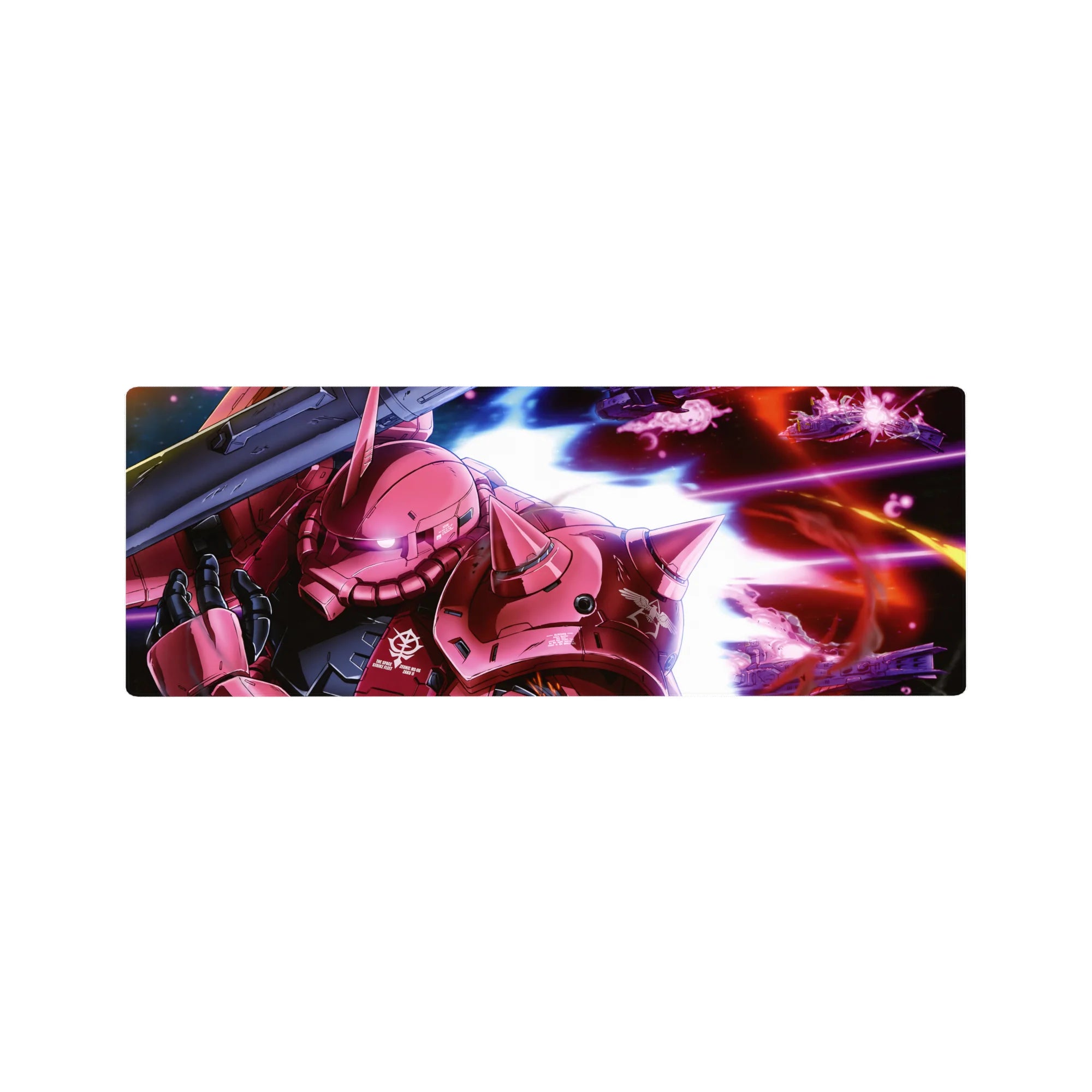 32x12 inches anime mouse pad with red Zaku II armor panels, Zeon insignia, and bazooka space theme.