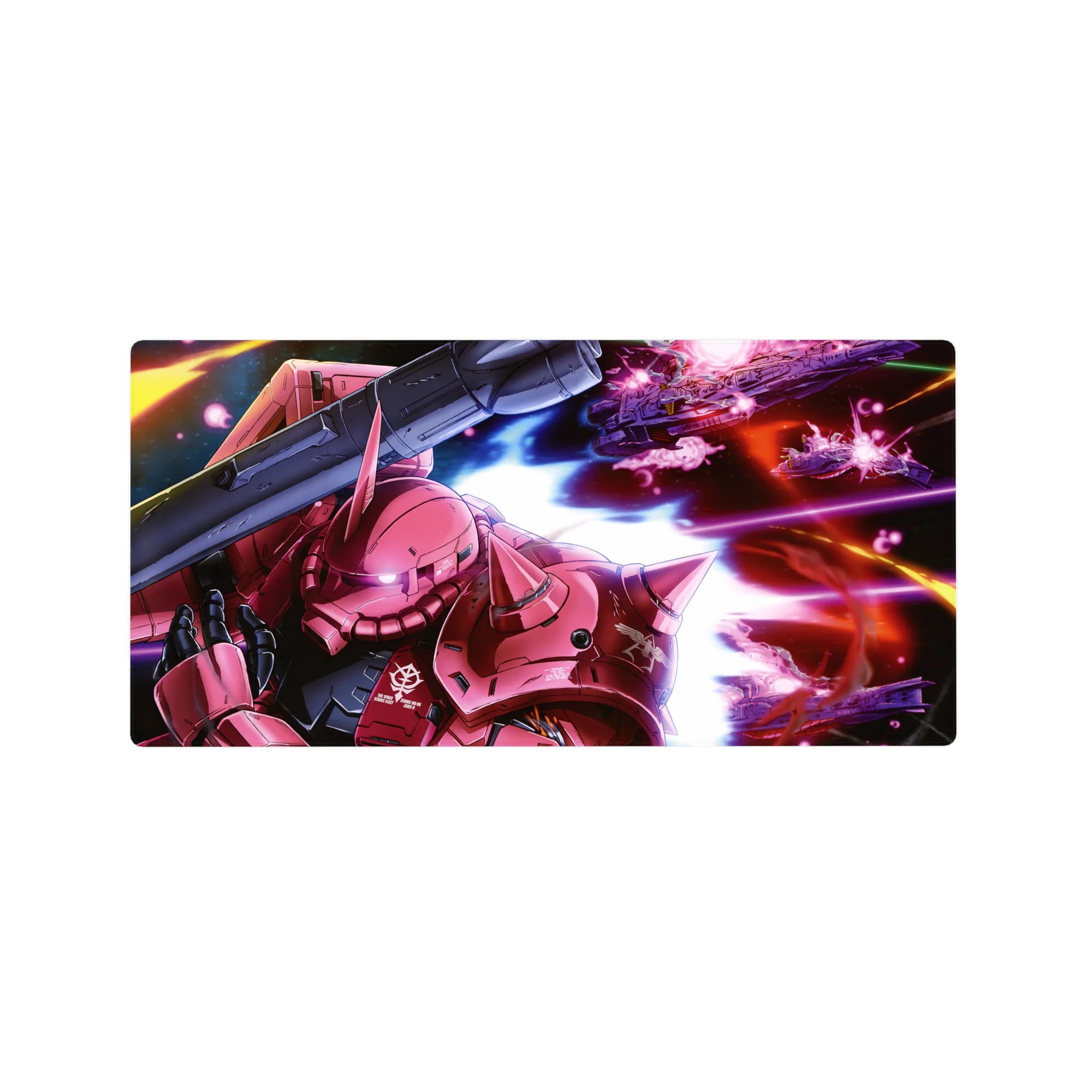 32x16 inches anime mouse pad with Char Aznable red Zaku II, Zeon insignia, sharp armor panels.
