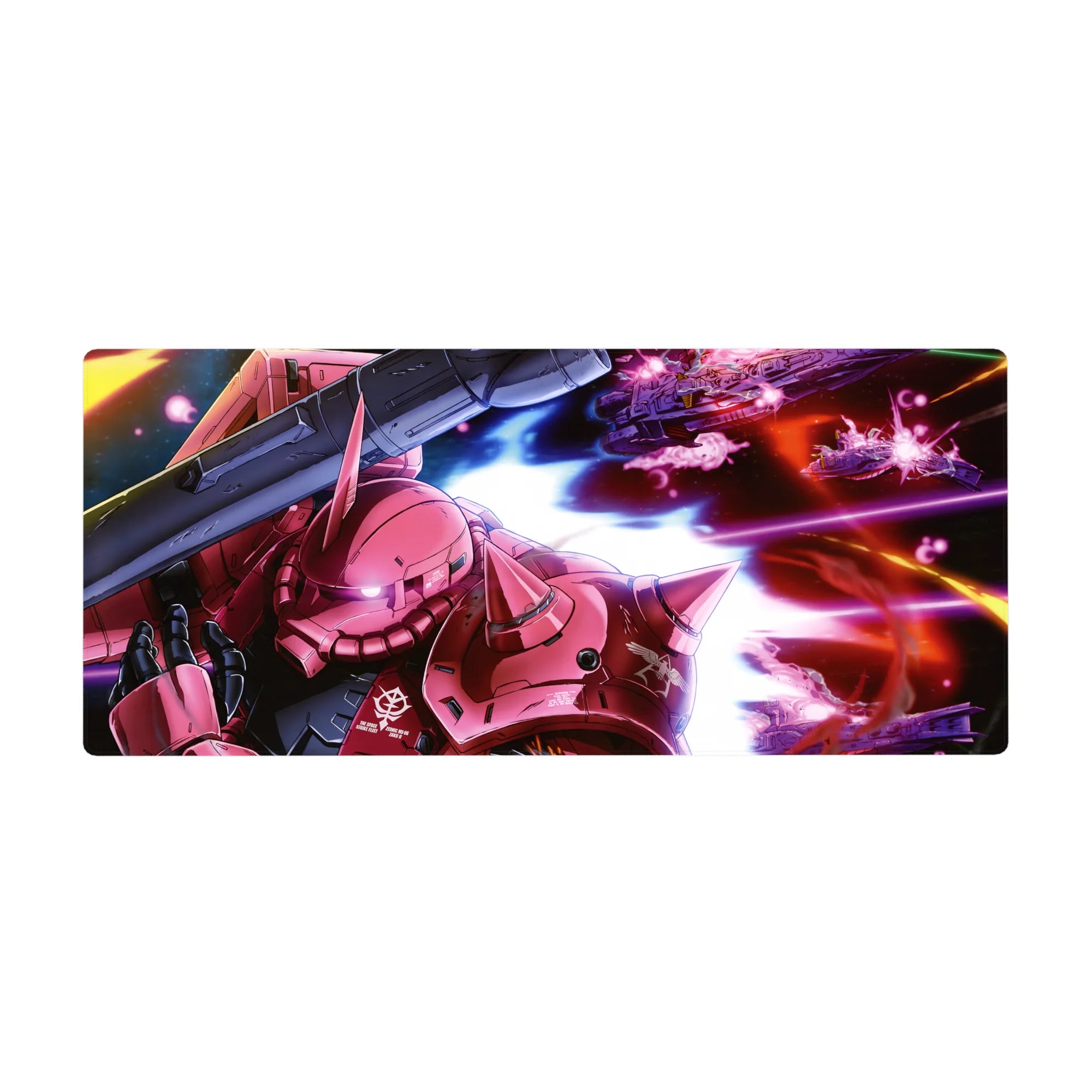 Mobile Suit Gundam Char Aznable red Zaku II anime desk pad 36x16 inches with Zeon insignia.