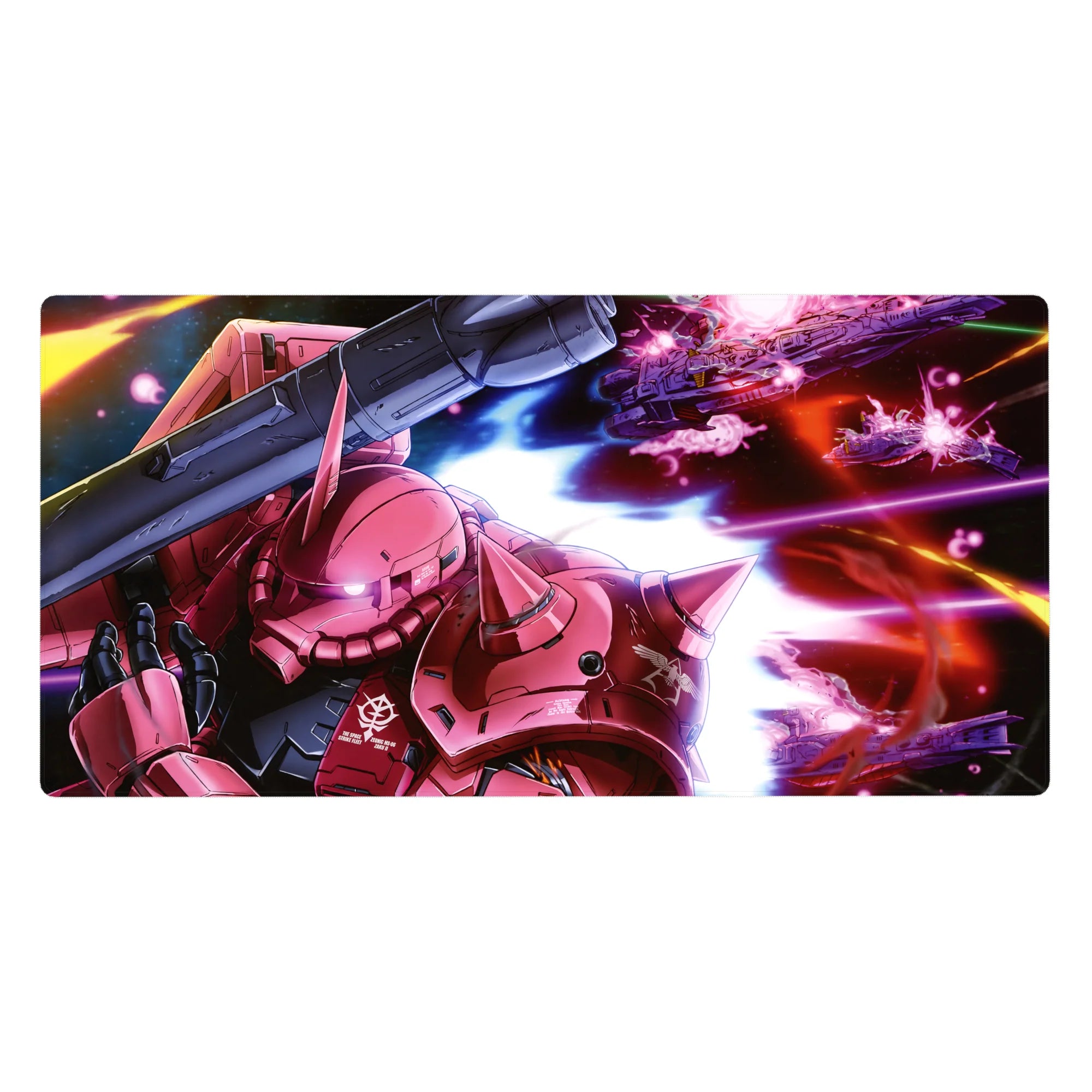 Mobile Suit Gundam anime desk pad 40x20 inches with Char Aznable red Zaku II and Zeon insignia.