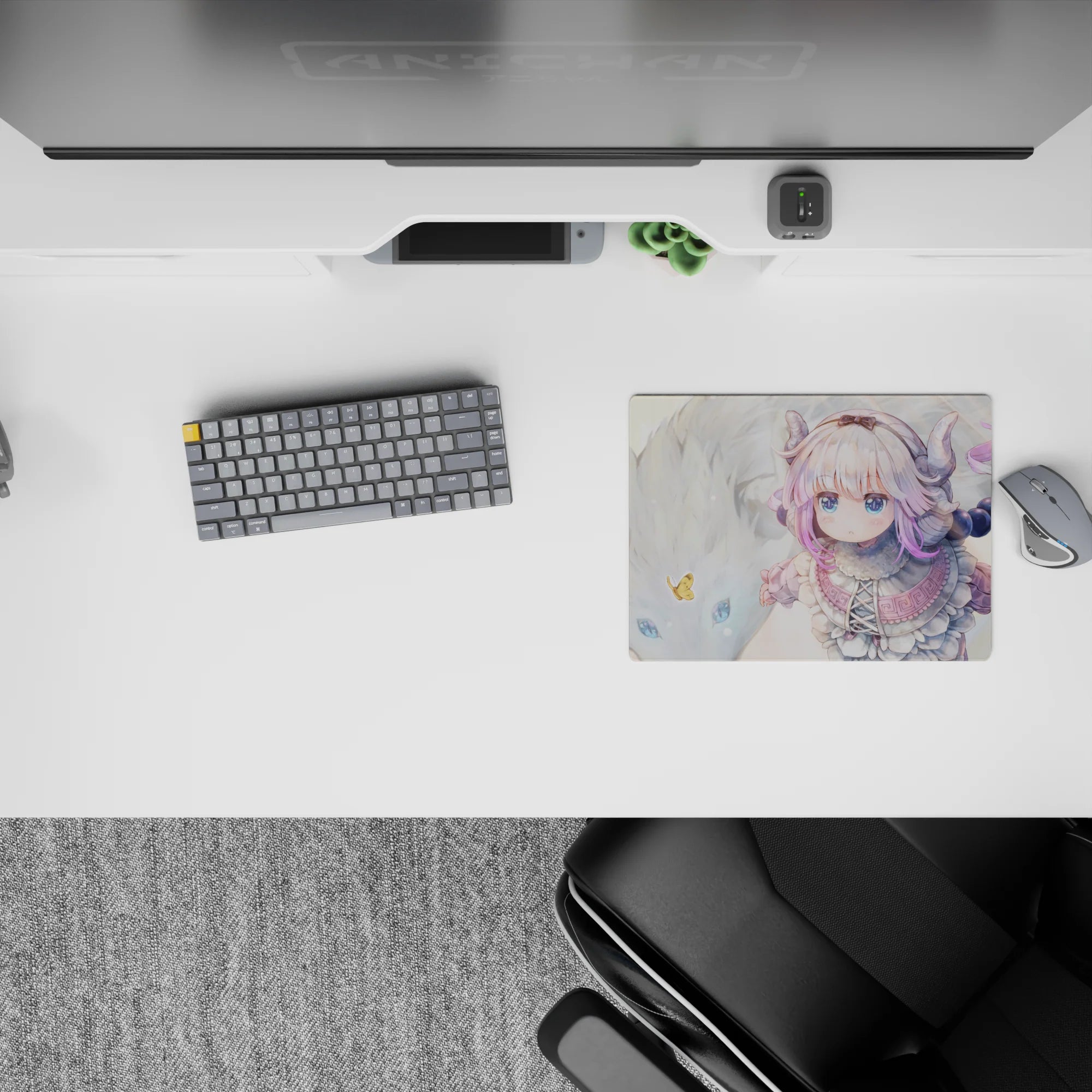 Pastel lilac, snowy white and cream anime girl mouse pad 14x10 inches with soft, cozy magical vibes.