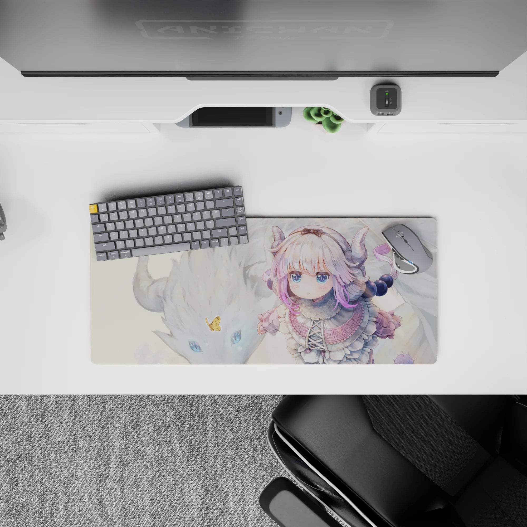 28x12 inches pastel cream, snowy white, and lilac anime mouse pad with soft cozy vibe and subtle magic.