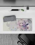 28x12 inches pastel cream, snowy white, and lilac anime mouse pad with soft cozy vibe and subtle magic.