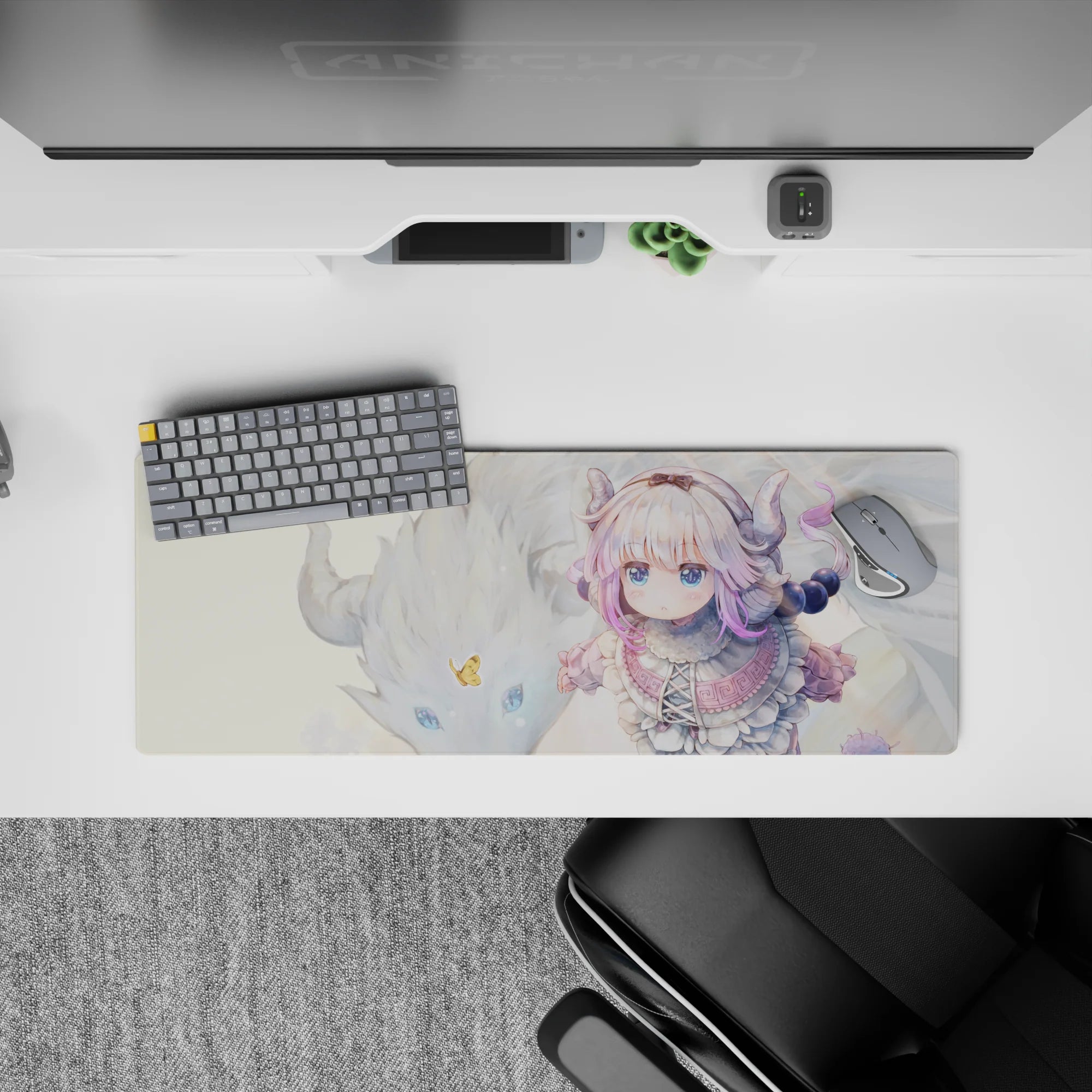 32x12 inches anime girl mouse pad in cream, snowy white and pastel lilac, soft cozy desk aesthetic.