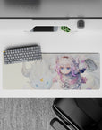 32x12 inches anime girl mouse pad in cream, snowy white and pastel lilac, soft cozy desk aesthetic.