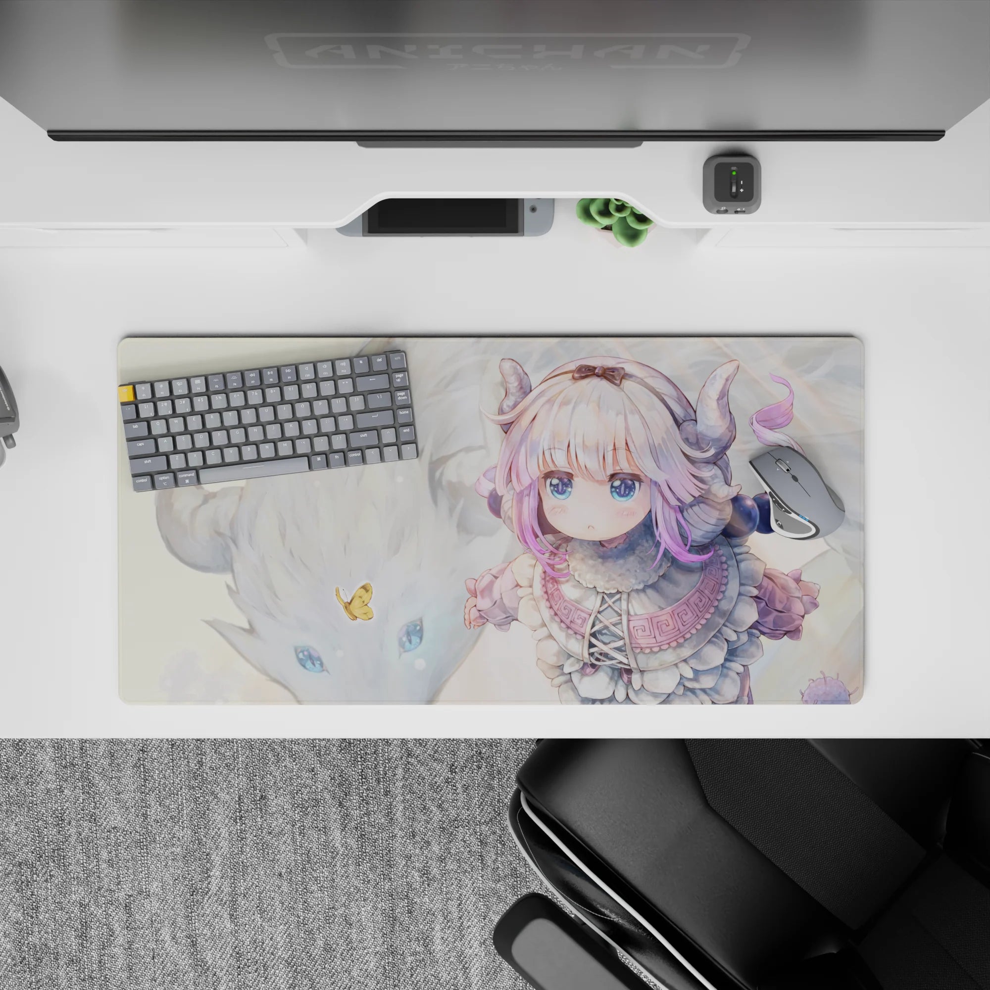 32x16 inches anime girl mouse pad in soft cream, snowy white, and pastel lilac with subtle sparkle vibes.