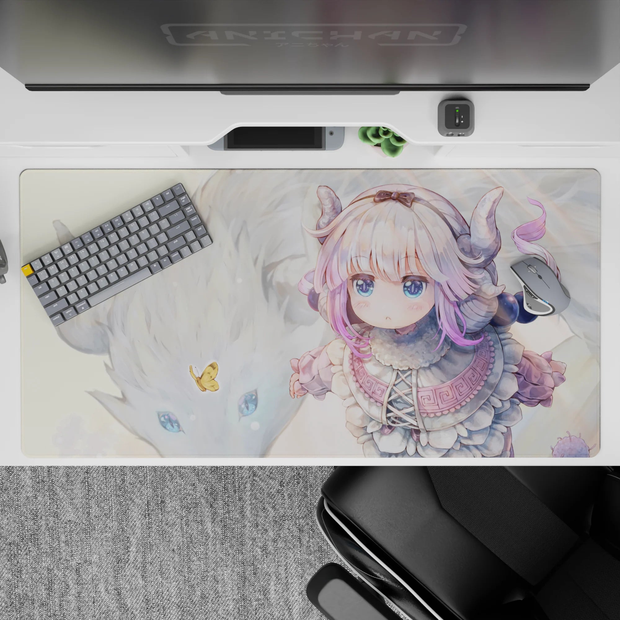 Pastel lilac anime girl desk pad 40x20 inches in creamy snowy tones with subtle sparkles, cozy vibe.