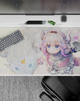 Pastel lilac anime girl desk pad 40x20 inches in creamy snowy tones with subtle sparkles, cozy vibe.