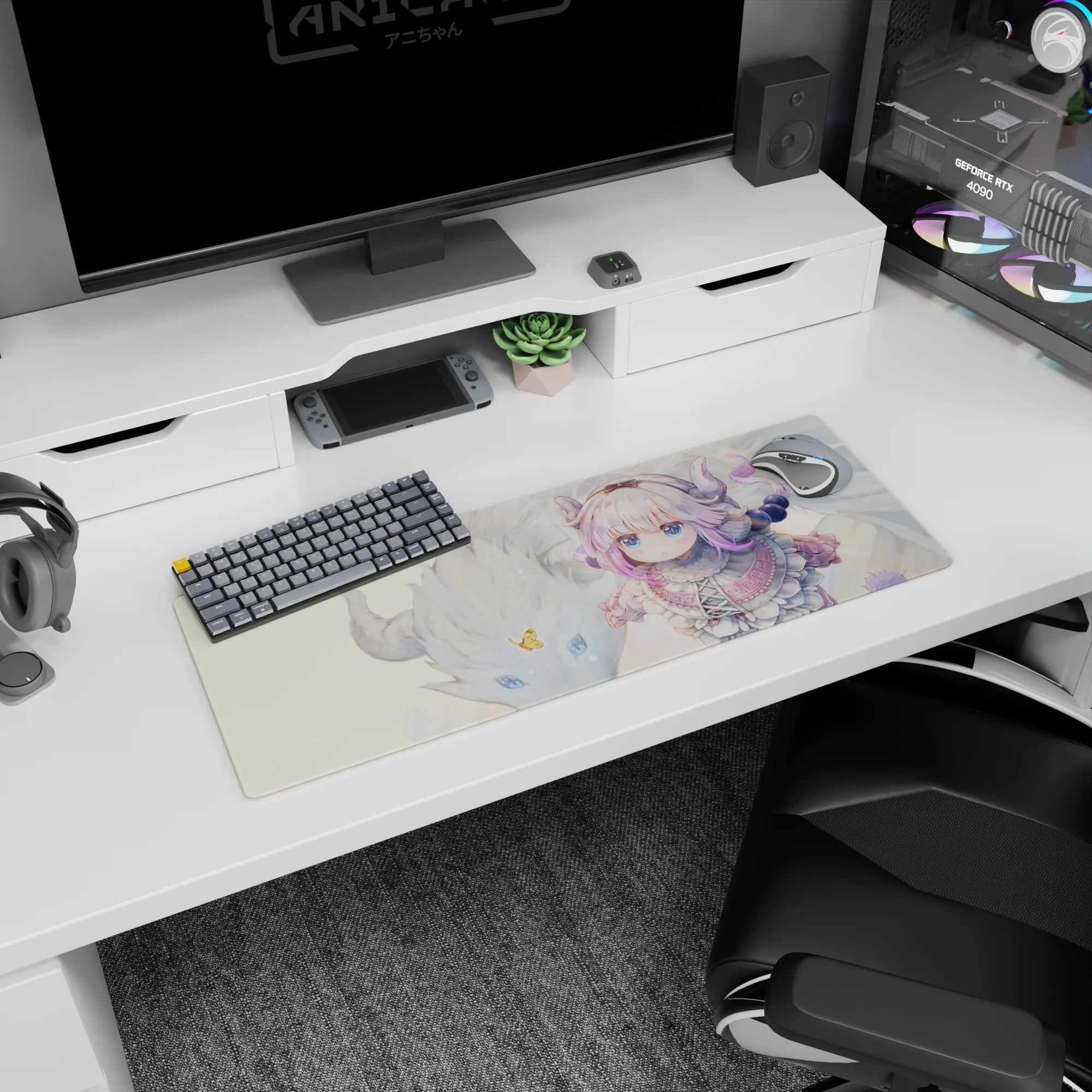 32x12 inches anime girl mouse pad showing Kanna Kamui serious-eyed beside her fluffy dragon companion.