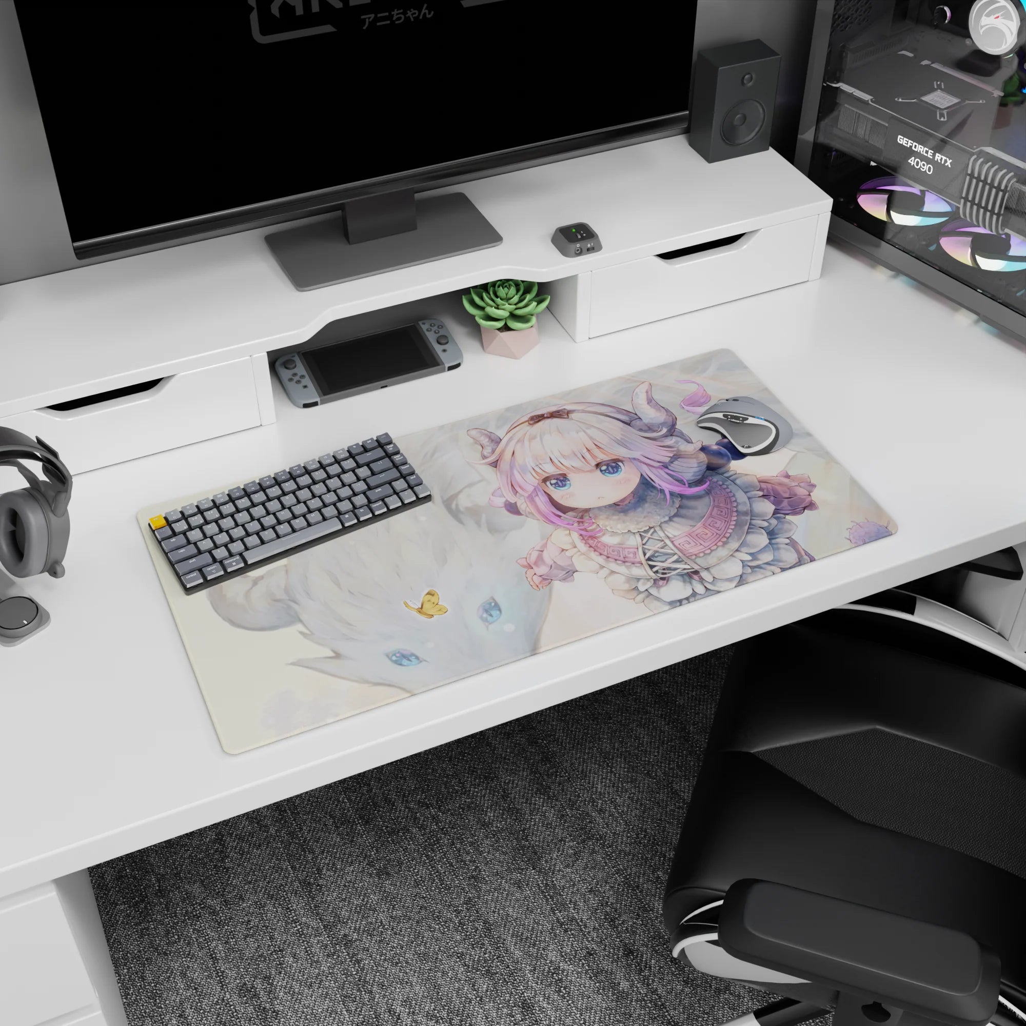 32x16 inches anime girl mouse pad showing Kanna Kamui looking serious beside her fluffy dragon companion.