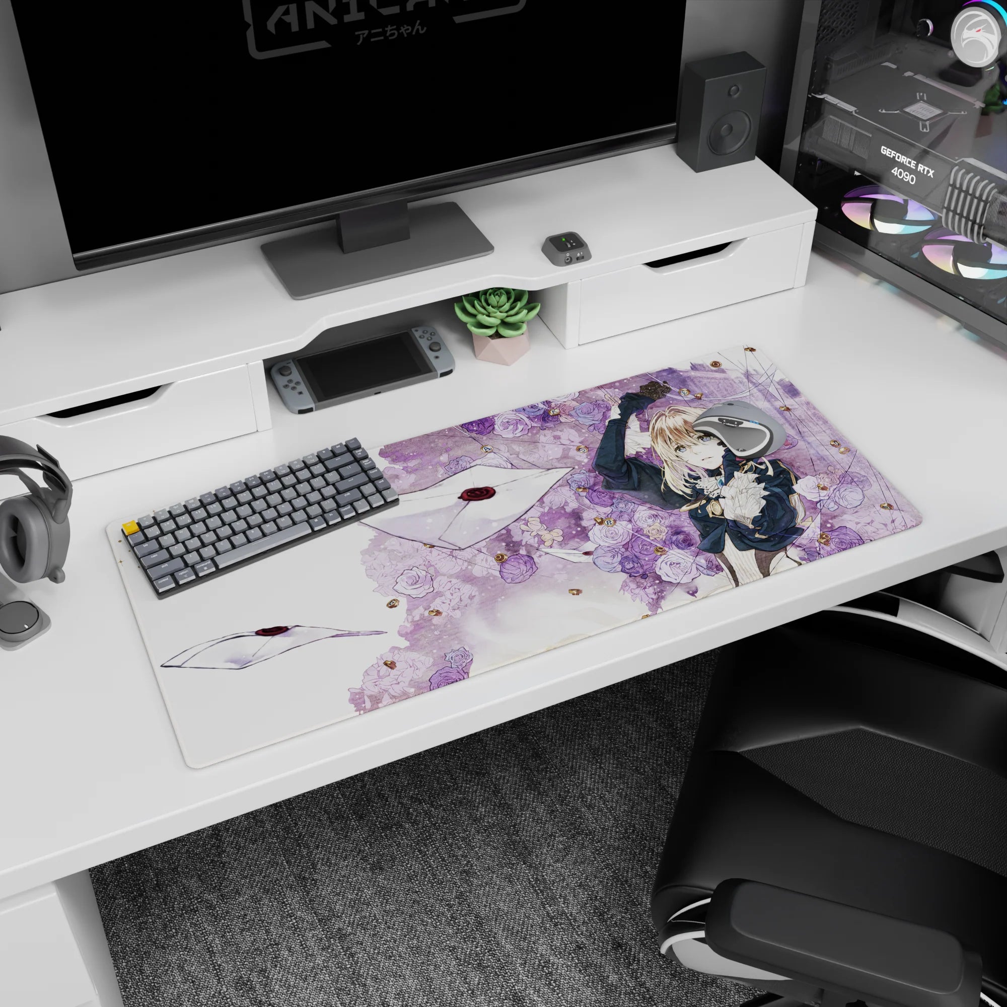 36x16 inches desk pad showing Kanna Kamui looking serious beside her fluffy dragon, blue eyes.