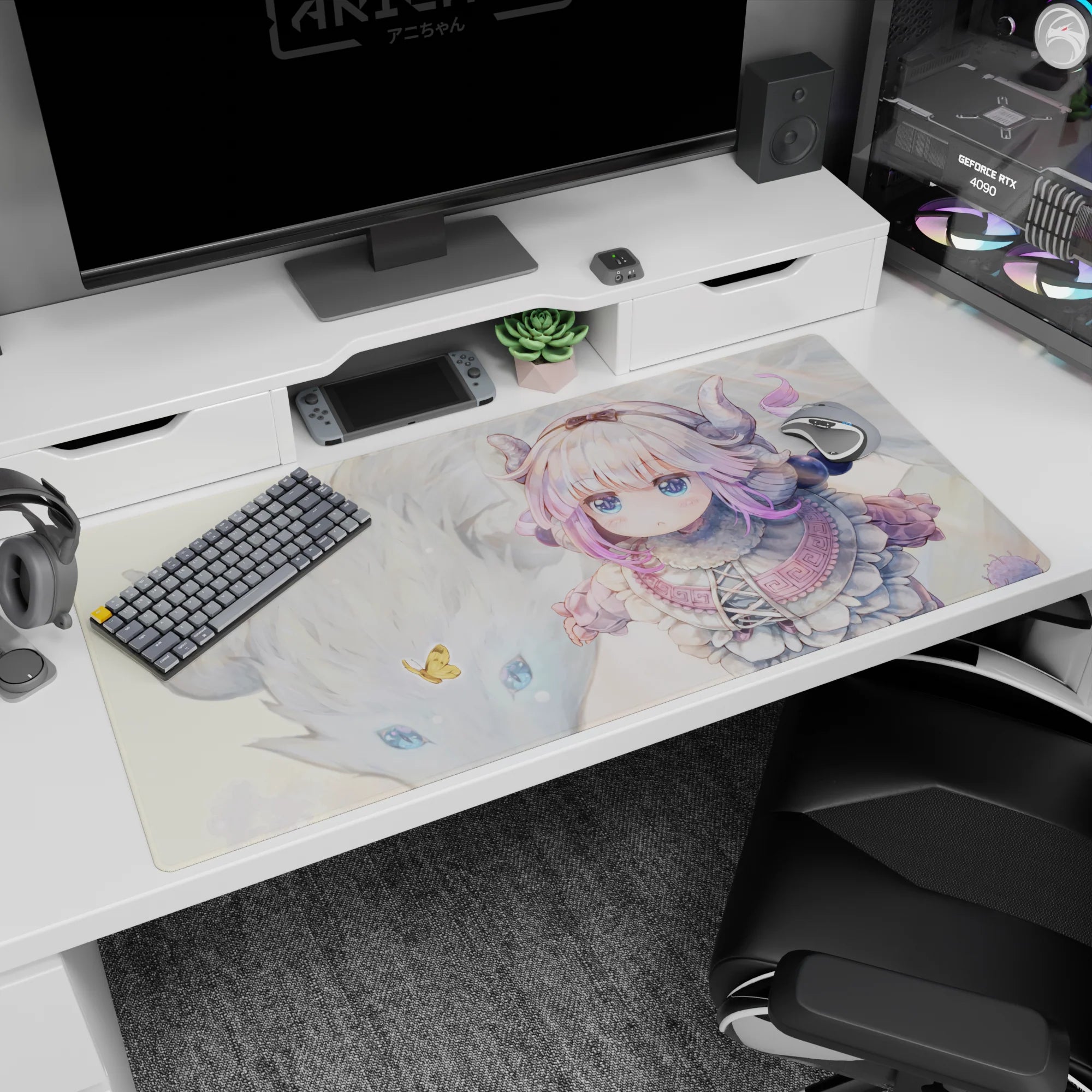 Kanna Kamui beside her fluffy dragon on an anime girl desk pad 40x20 inches, big blue eyes.