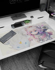Kanna Kamui beside her fluffy dragon on an anime girl desk pad 40x20 inches, big blue eyes.
