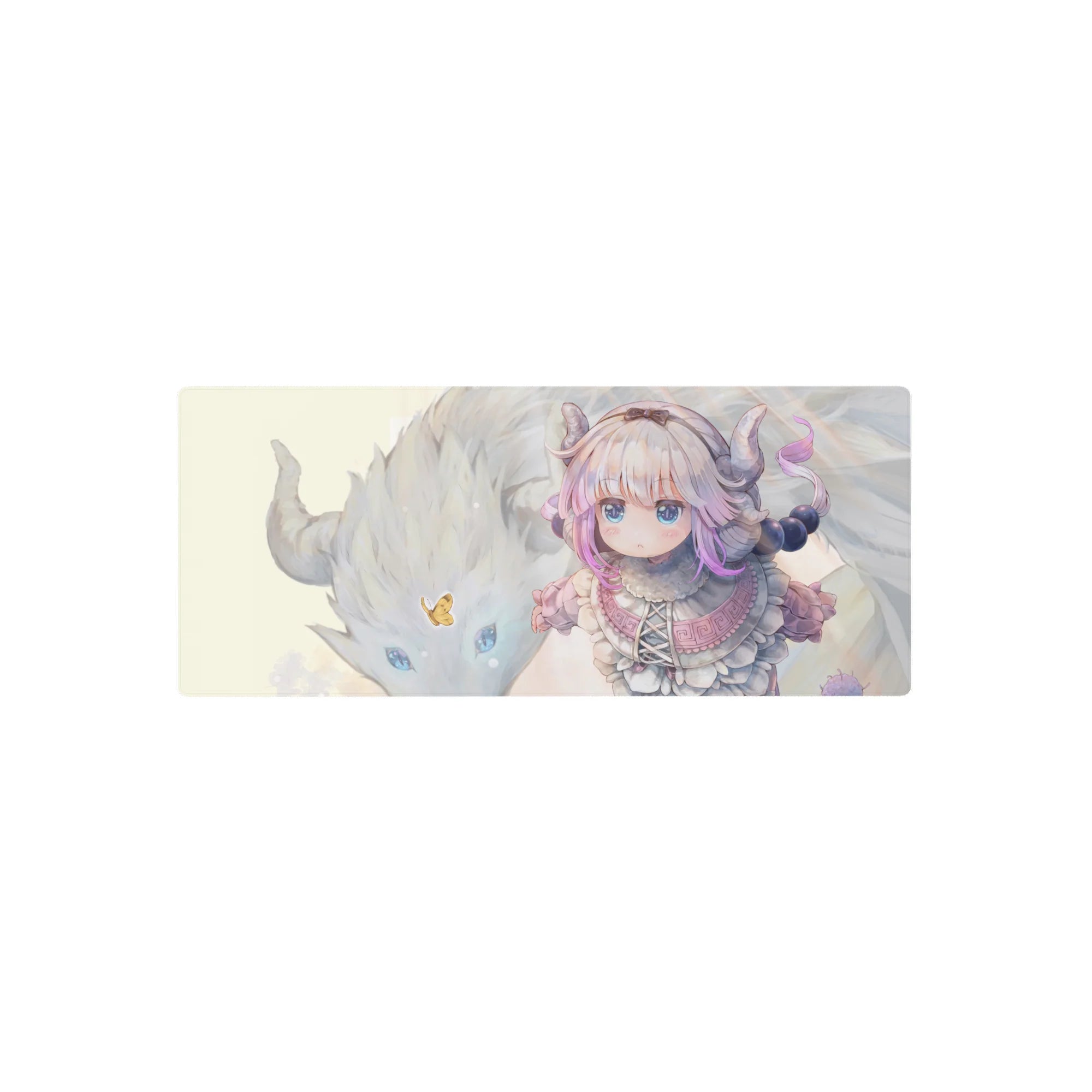 28x12 inches anime girl mouse pad with Kanna Kamui and fluffy dragon, sparkles and golden butterfly.