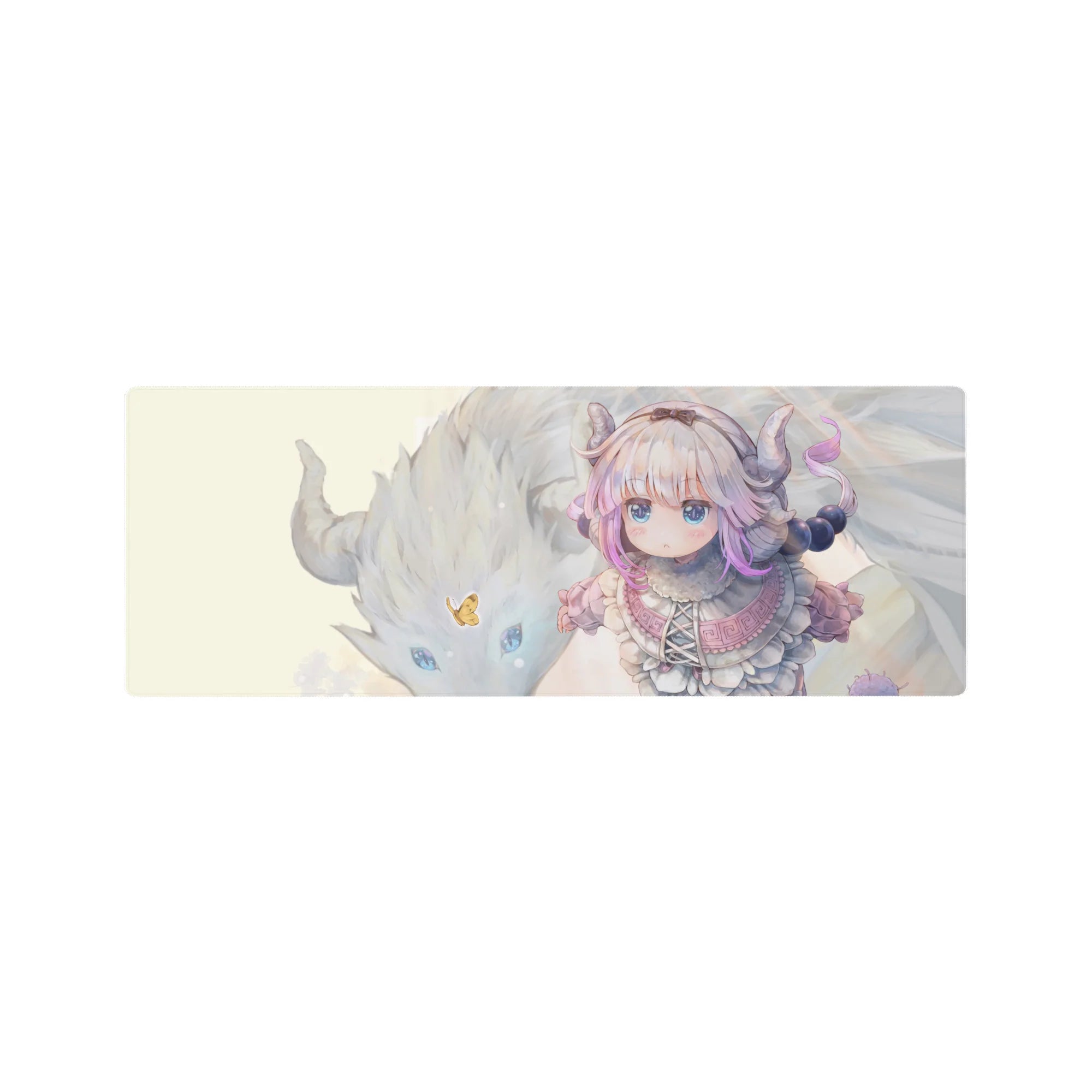 32x12 inches anime girl mouse pad with Kanna Kamui, fluffy dragon friend, sparkles and butterfly.