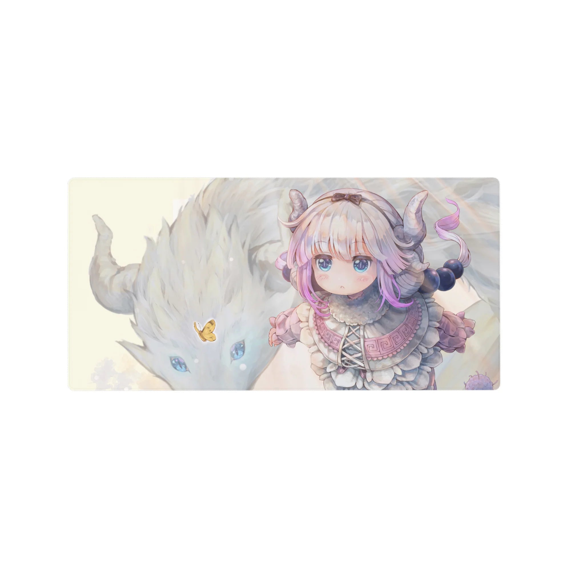 32x16 inches anime girl mouse pad with Kanna Kamui, fluffy dragon friend, sparkles, and golden butterfly.