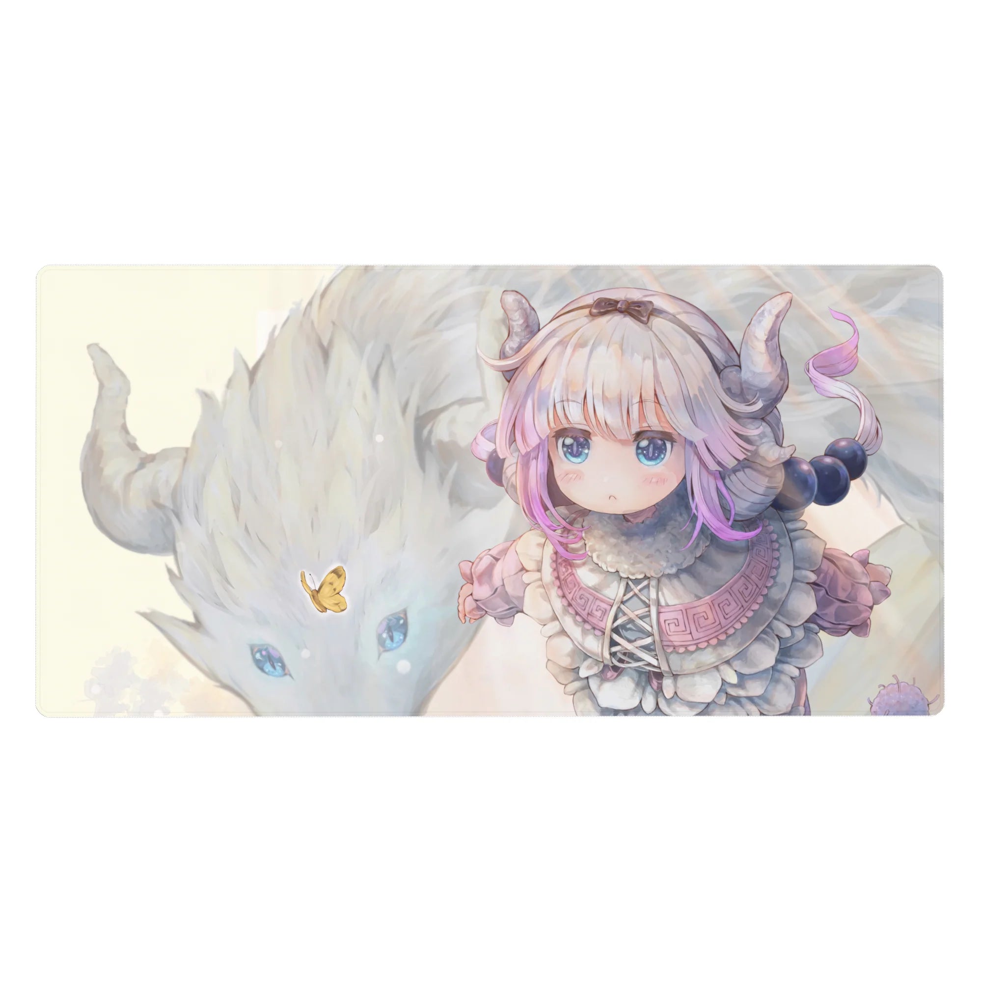 Anime girl desk pad 40x20 inches with Kanna and fluffy dragon, sparkles and butterfly, smooth glide.