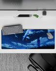 32x12 inches anime desk mat in deep navy with neon blue and pink comet streaks, calm dreamy glow.