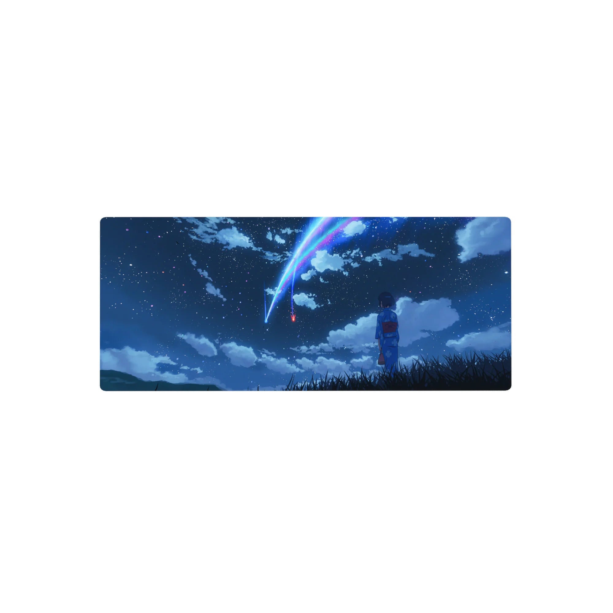 28x12 inches anime mouse pad with girl in blue yukata in tall grass under twin comets and stars.