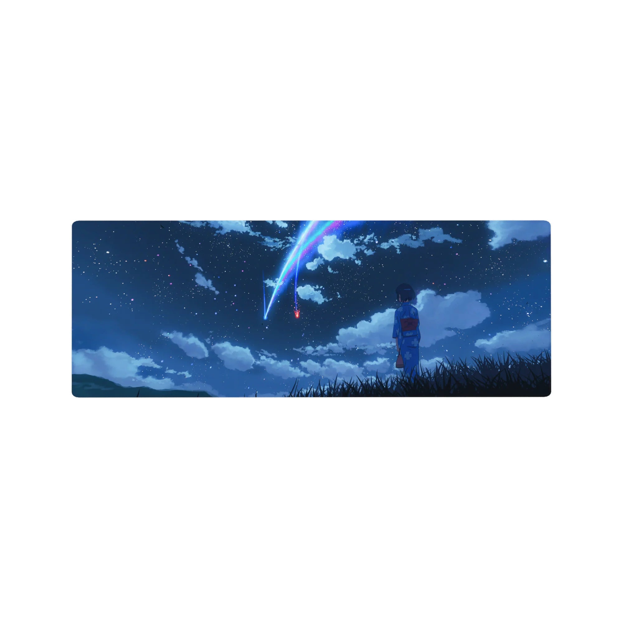 32x12 inches anime mouse pad with girl in blue yukata in tall grass under twin comets and stars.