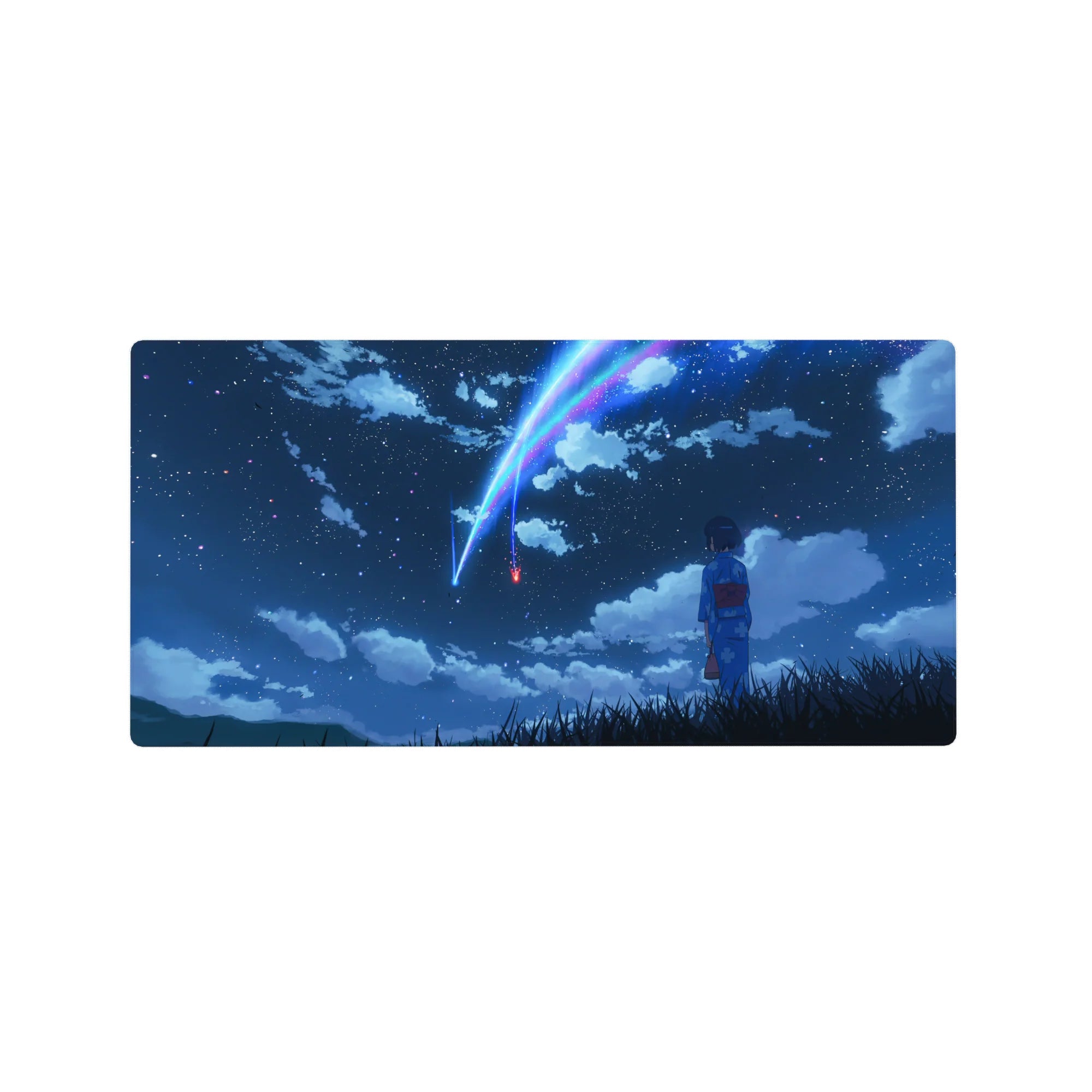 32x16 inches anime mouse pad with girl in blue yukata in tall grass under twin comets and stars.