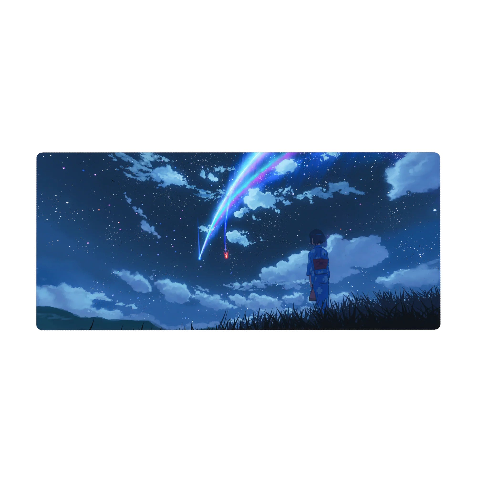 36x16 inches anime desk pad with girl in blue yukata in tall grass under twin comets and stars.