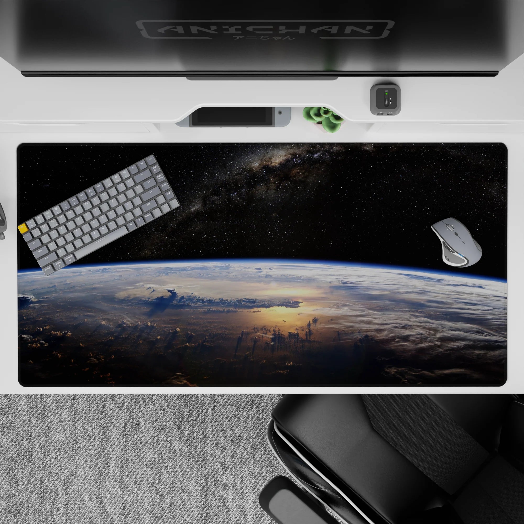 Deep black and blue desk pad 40x20 inches with calm late-night space mood and subtle star dust.