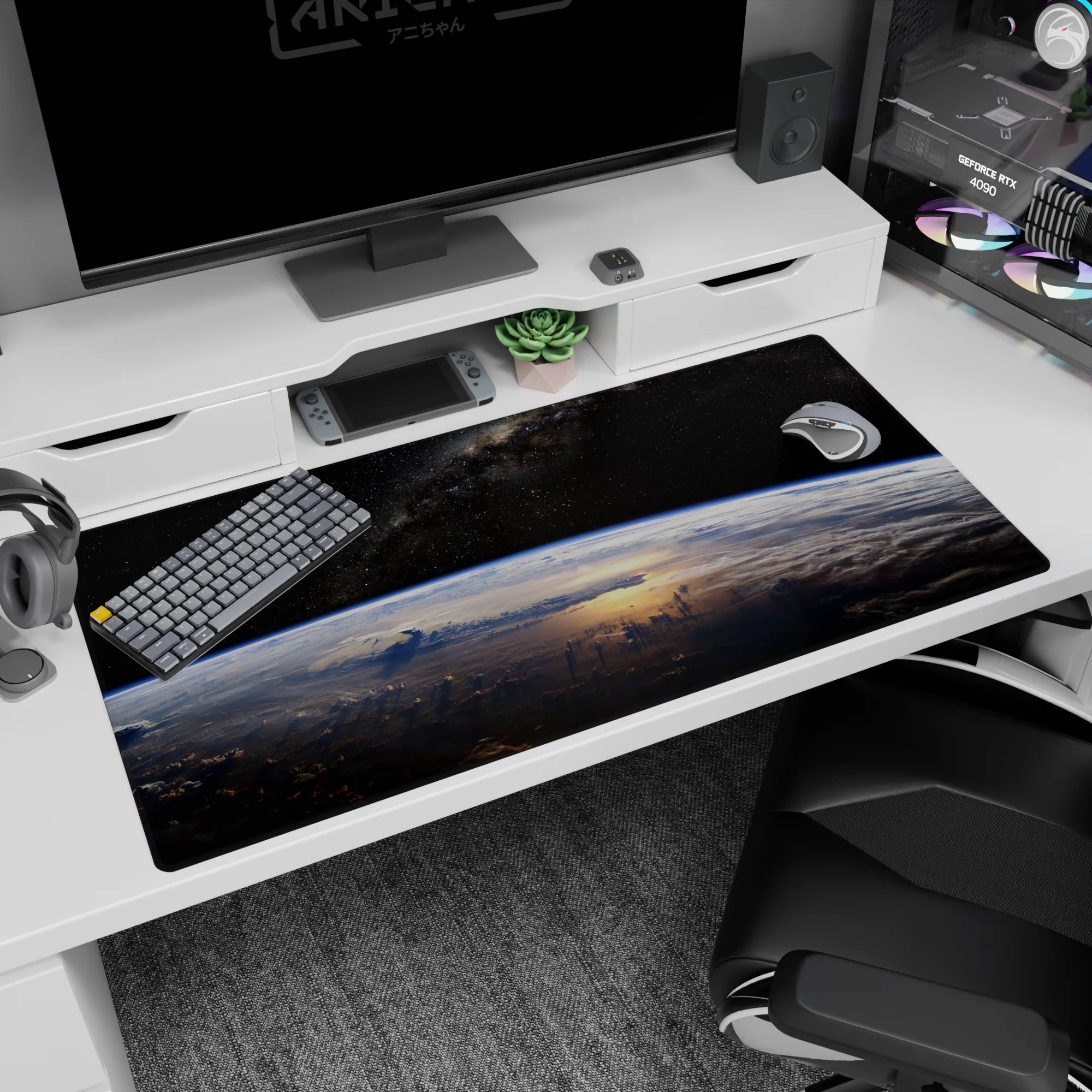 Earth from orbit scene desk pad 40x20 inches showing blue atmospheric rim and warm sunrise glow.