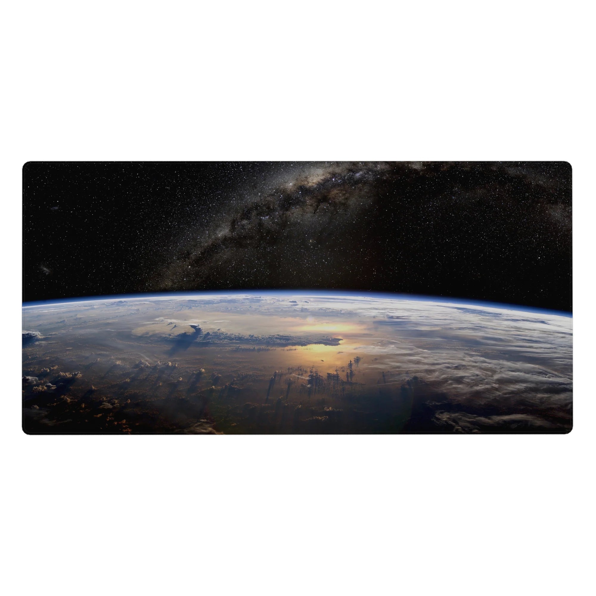 Earth horizon space desk pad 40x20 inches with stars, cloud swirls, and sun-glow across the planet.
