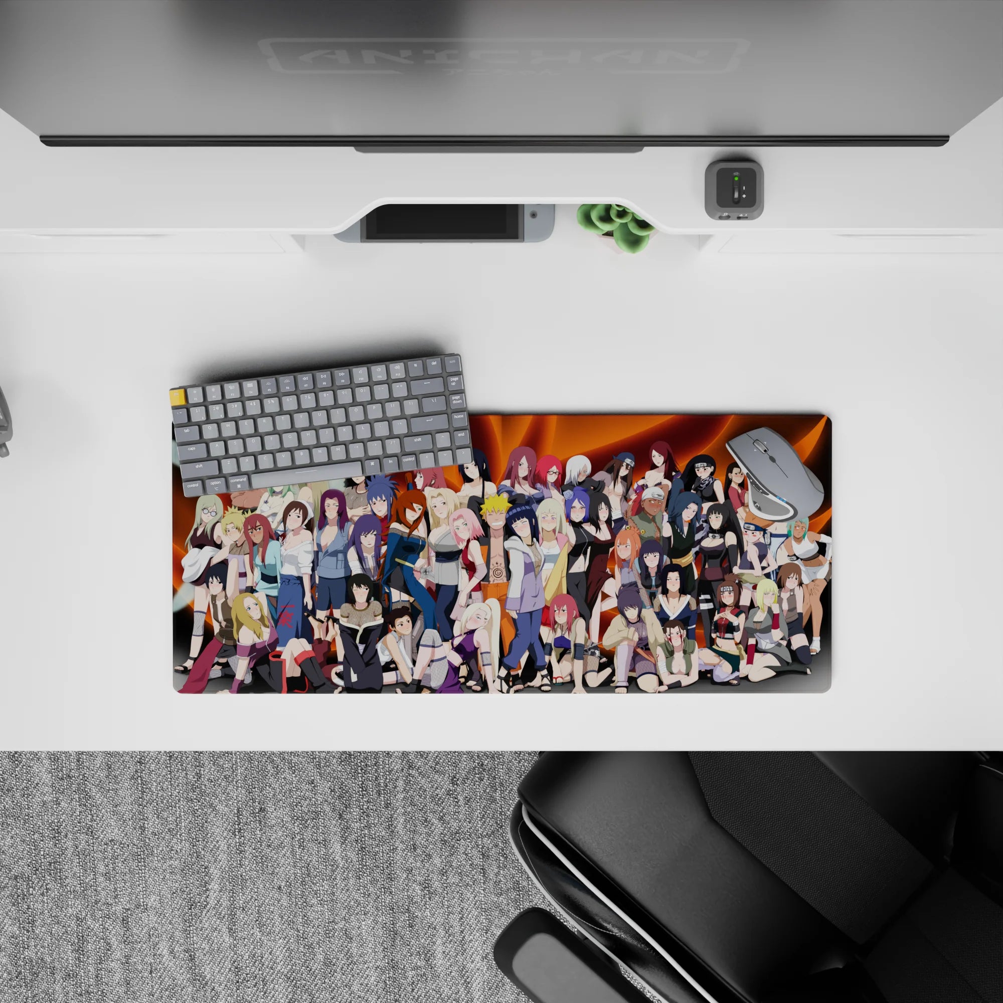 Anime girl mouse pad 28x12 inches with fiery orange swirls, warm gradients, playful wild ninja vibe.