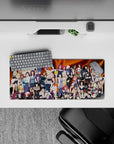 Anime girl mouse pad 28x12 inches with fiery orange swirls, warm gradients, playful wild ninja vibe.