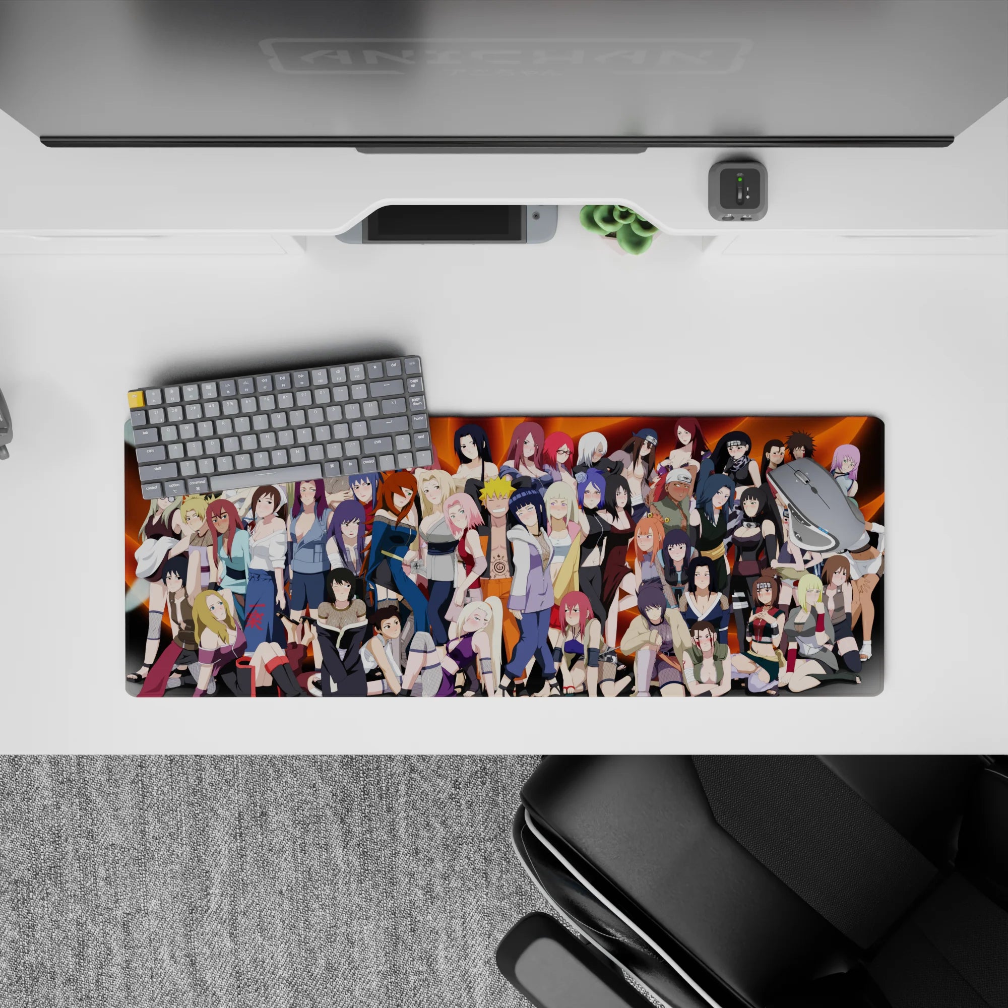 Fiery orange swirl gradient anime girl mouse pad 32x12 inches, playful ninja vibe with confident smirks.