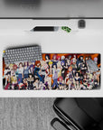 Fiery orange swirl gradient anime girl mouse pad 32x12 inches, playful ninja vibe with confident smirks.