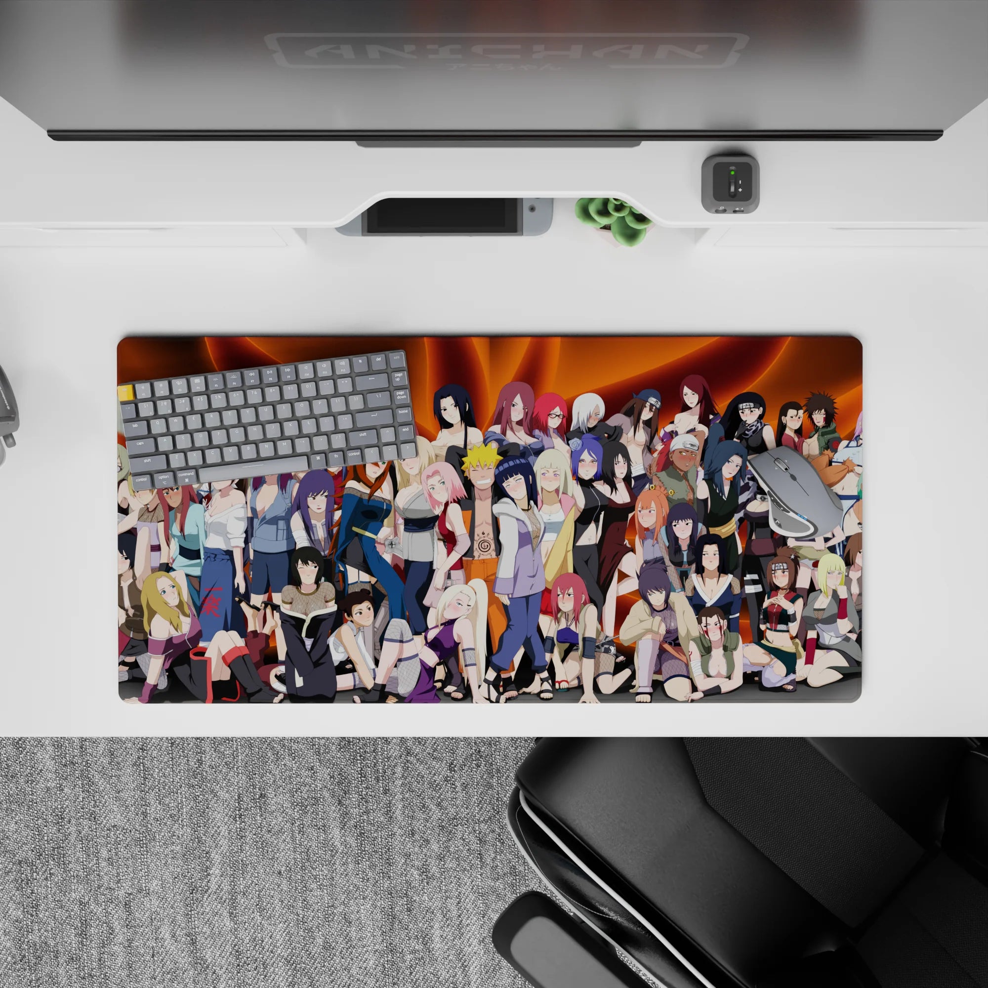 Anime girl mouse pad 32x16 inches with fiery orange swirls, warm gradients, playful wild ninja vibe.