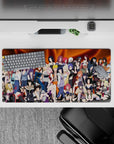 Anime girl mouse pad 32x16 inches with fiery orange swirls, warm gradients, playful wild ninja vibe.