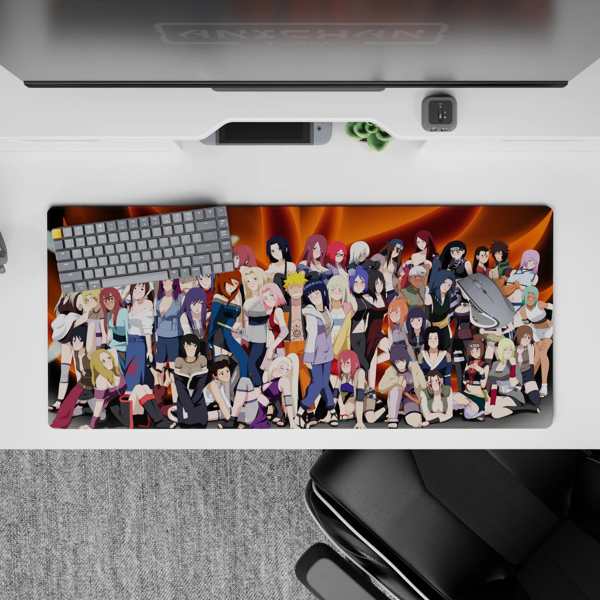 Fiery orange swirls on an anime girl desk pad 36x16 inches, warm gradients and playful, wild ninja vibe.