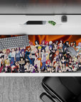 Fiery orange swirls on an anime girl desk pad 36x16 inches, warm gradients and playful, wild ninja vibe.