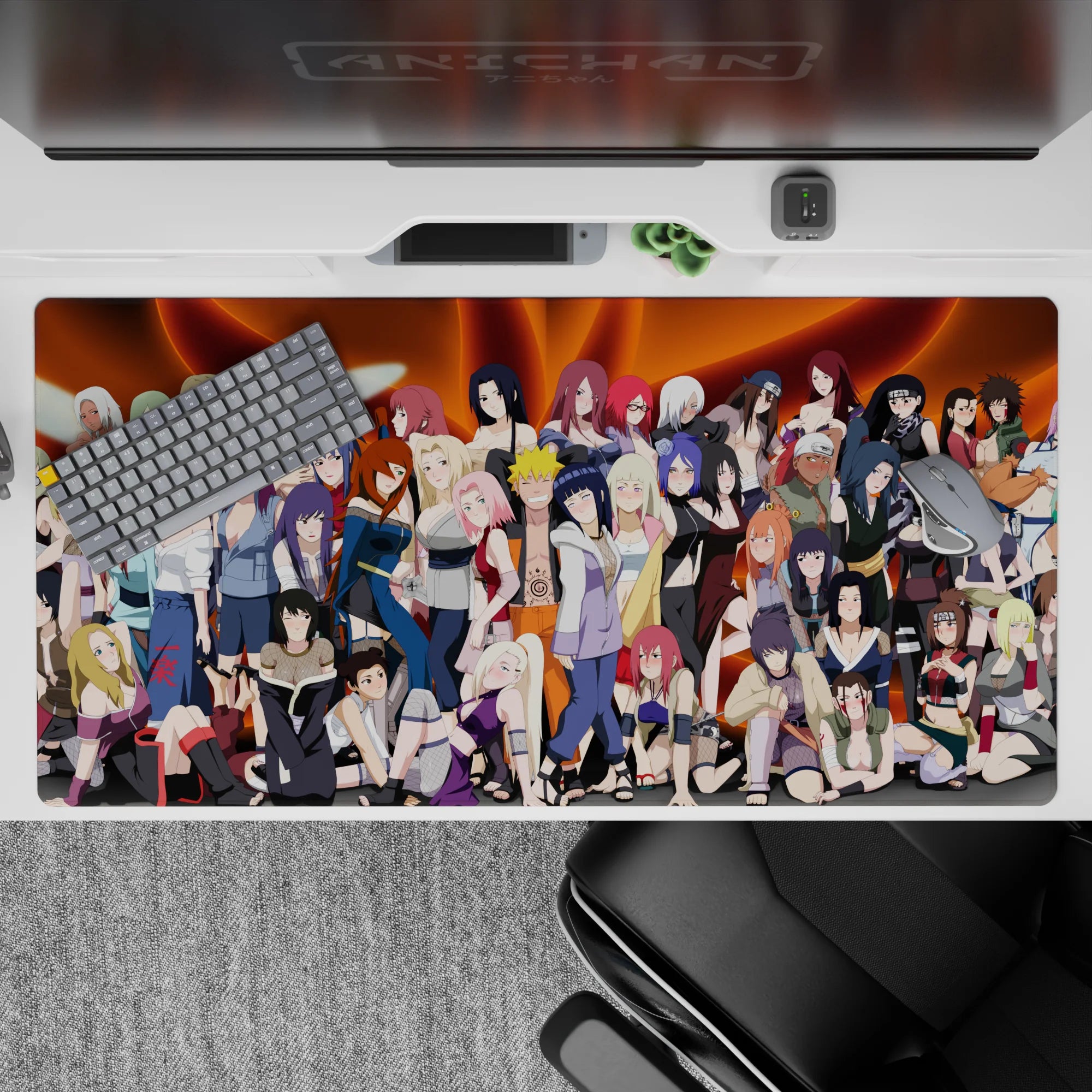 Fiery orange swirl gradient anime girl desk pad 40x20 inches, playful wild vibe with clean outlines.