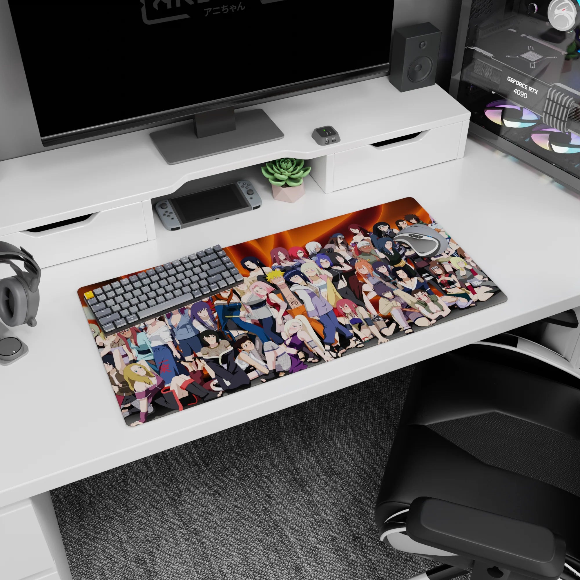 Kunoichi squad desk mat 32x16 inches with fishnets, ninja headbands, heels, and confident smirks.
