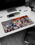 Kunoichi squad desk mat 32x16 inches with fishnets, ninja headbands, heels, and confident smirks.