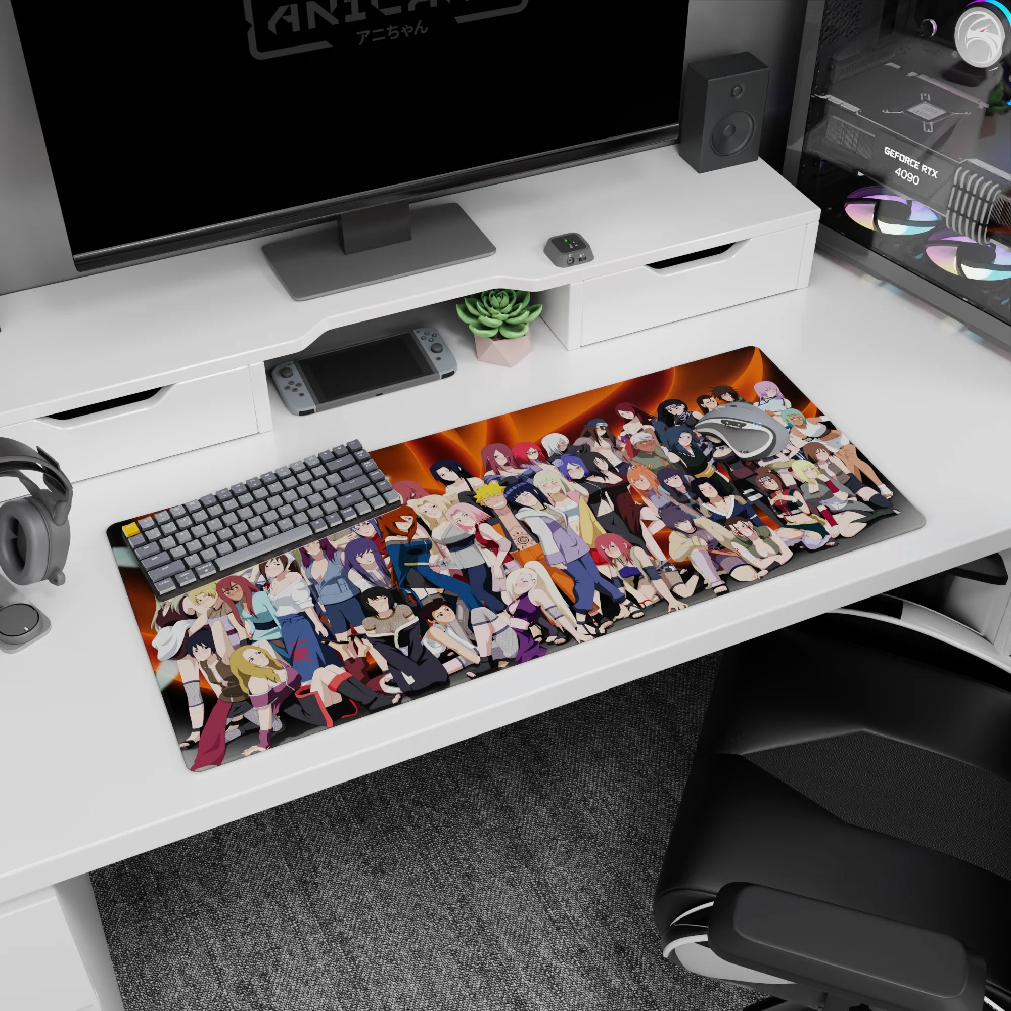 Kunoichi in fishnets and open-front jackets on an anime girl desk pad 36x16 inches, smirks and headbands.