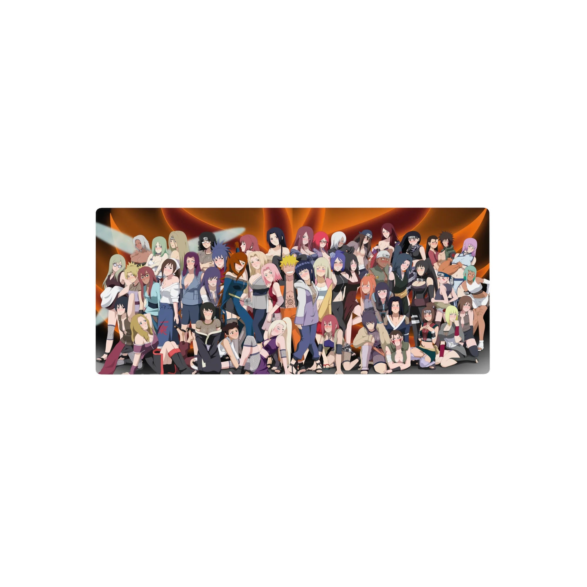 Naruto-inspired anime girl mouse pad 28x12 inches with kunoichi lineup, bold poses, poster-style art.