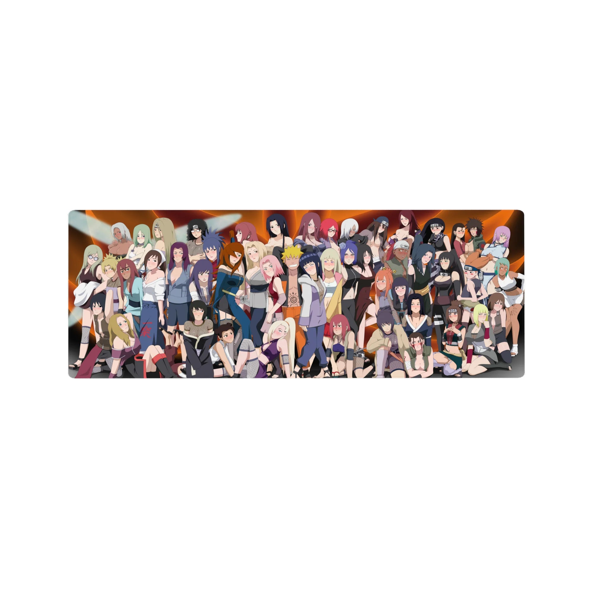 Naruto-inspired anime girl mouse pad 32x12 inches with kunoichi lineup, bold poses, and sleek outlines.