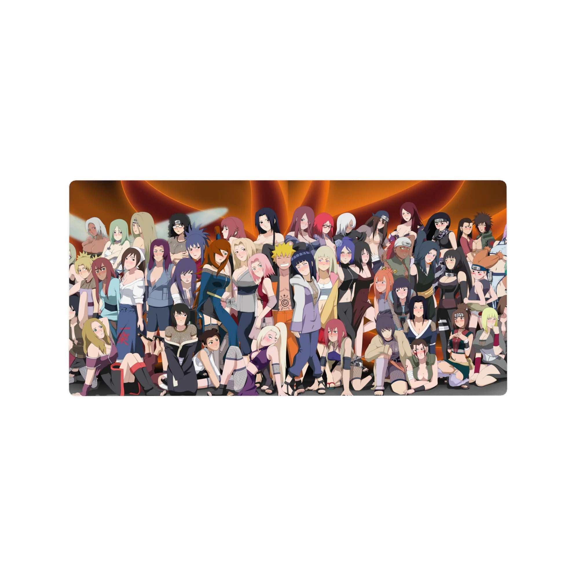Naruto-inspired anime girl mouse pad 32x16 inches with kunoichi lineup, bold poses, and sleek outlines.