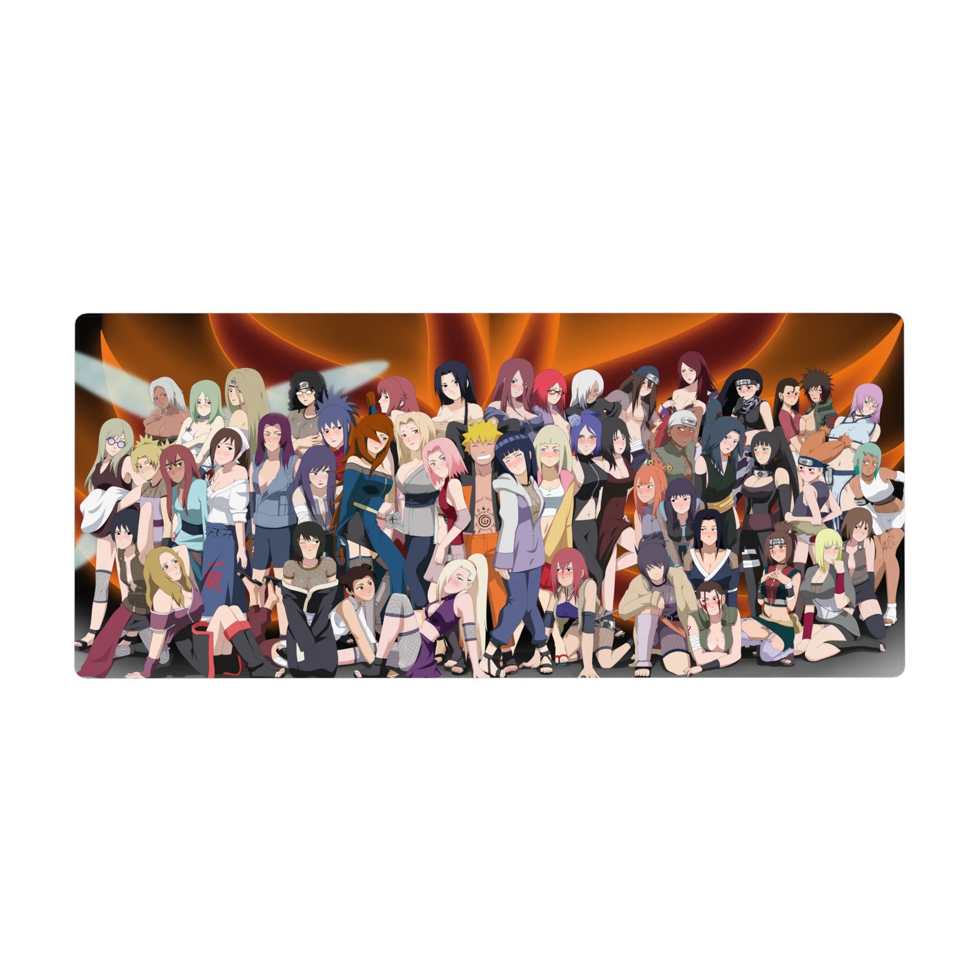 Naruto-style anime girl desk pad 36x16 inches with kunoichi lineup, bold poses, and sleek outlines.