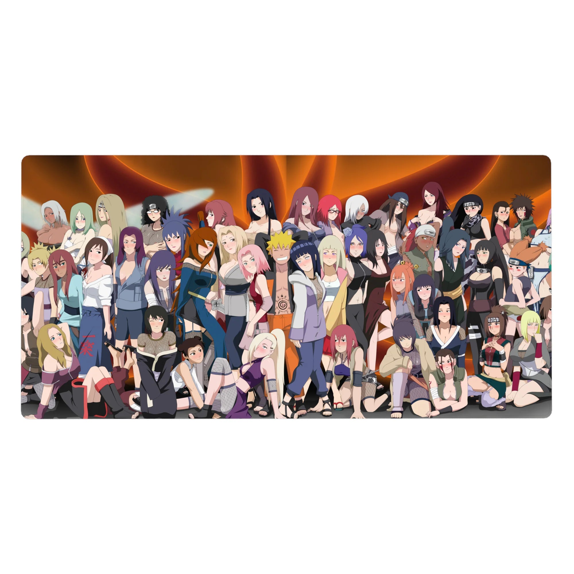 Naruto-style anime girl desk pad 40x20 inches with bold kunoichi lineup, headbands, heels, fishnets.