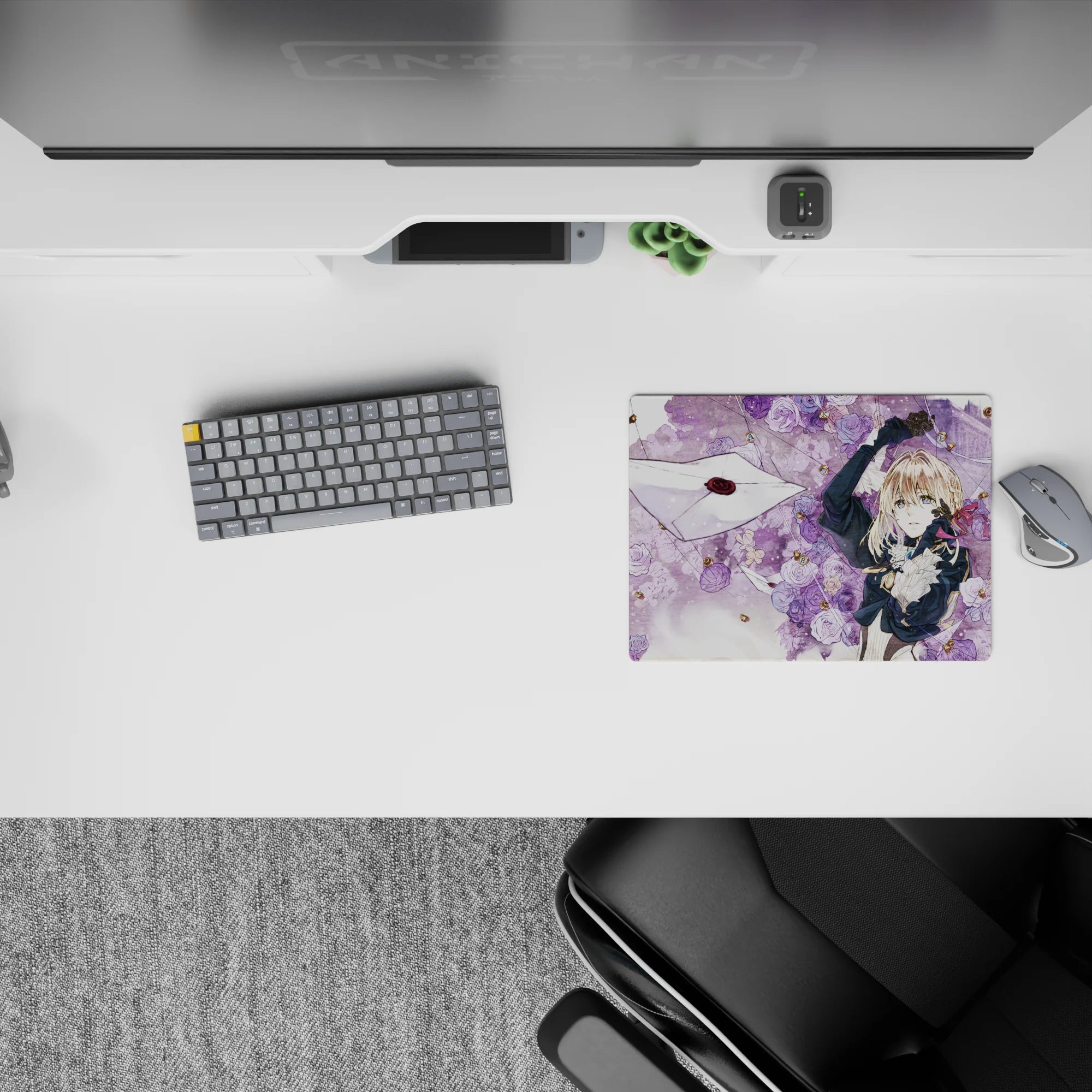 Romantic lavender and cream anime mouse pad 14x10 inches with wistful storybook vibe and smooth glide.